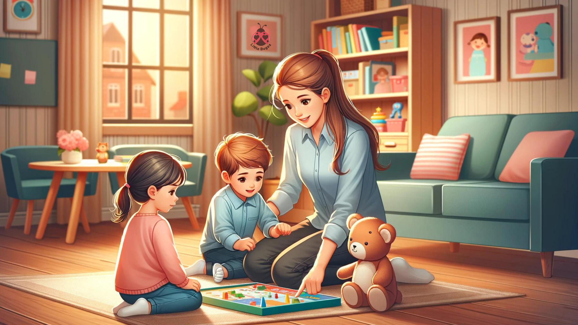 A babysitter engages with two young children playing a board game on a rug in a cozy living room, with the Little Bugz logo on the wall, symbolizing a nurturing and safe environment for child care.