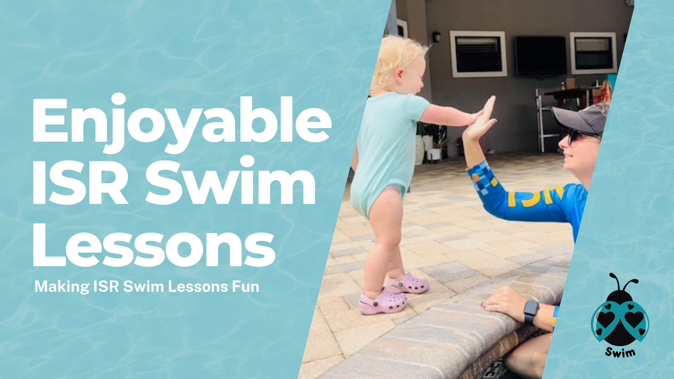 Certified ISR instructor high-fiving a young child at the poolside during swim lessons.